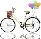 Beach Cruiser Bike for Womens 26 Inch Cruiser Bike Classic Retro Bicycle Road Bikes, Single Speed Bicycle Commuter Bicycle High-Carbon Steel Frame, Front Basket, Rear Racks