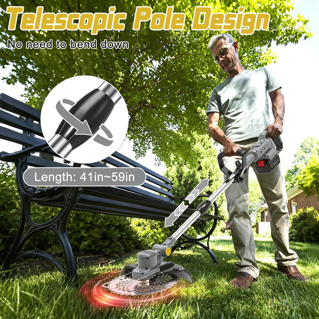 Electric Weed Wacker Cordless,4 in 1 Weed Eater Battery Powered Brush Cutter,9''Grass Trimmer Stringless Weed Trimmer Lawn Mower Edger Metal Blade Battery(2 x 21V 4.0Ah Batteries &amp; Charger)