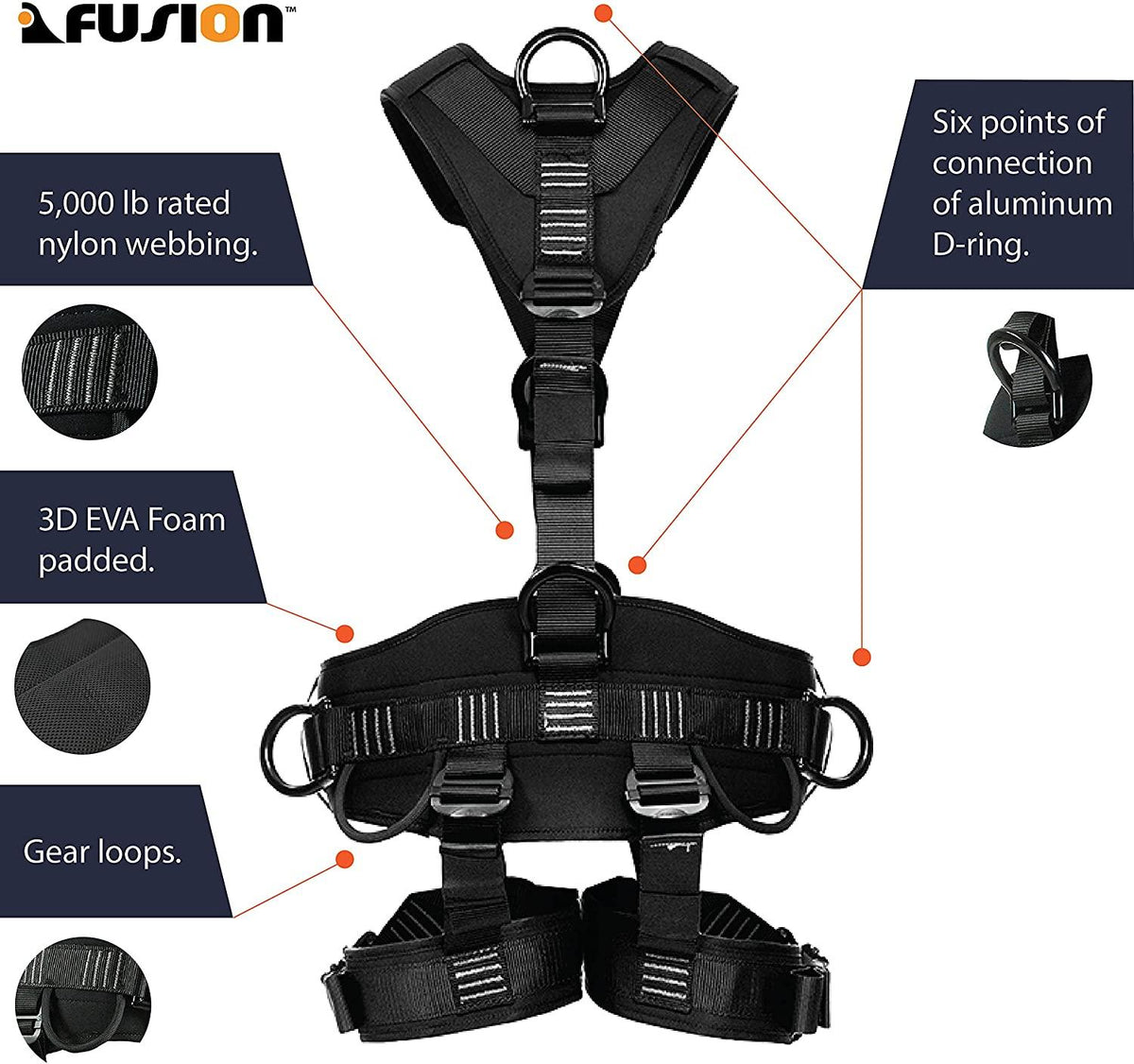 Fusion Climb Tac Rescue Tactical Full Body EVA Padded Heavy Duty Adjustable Zipline Harness 23kN S Black