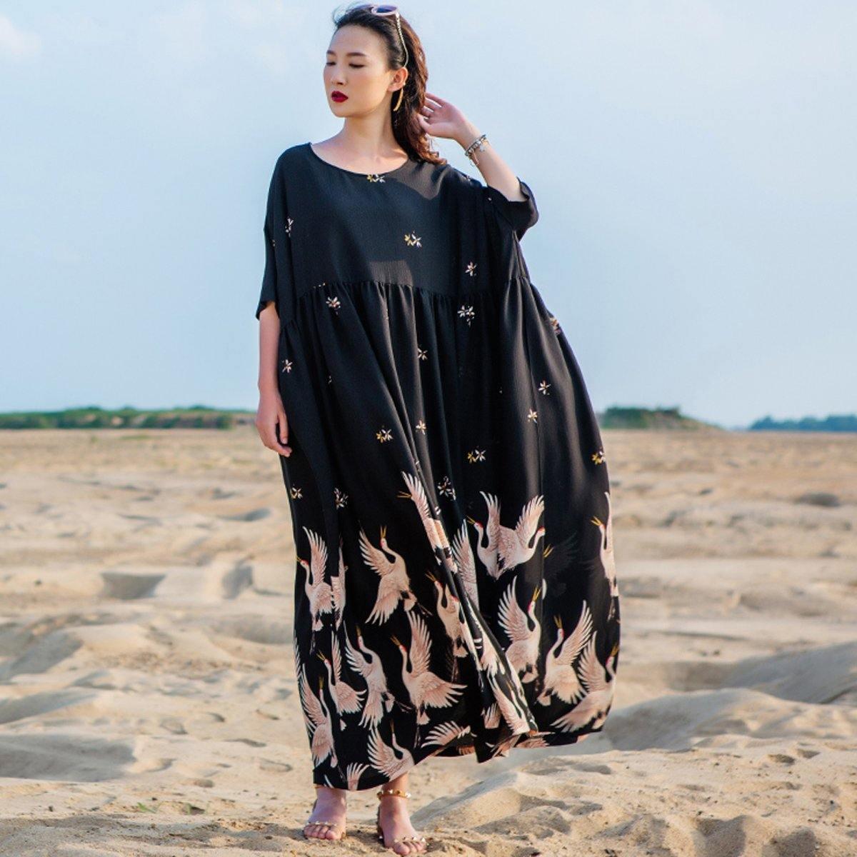 Printed Folk Style Casual Loose Maxi Short Sleeve Dress For Women