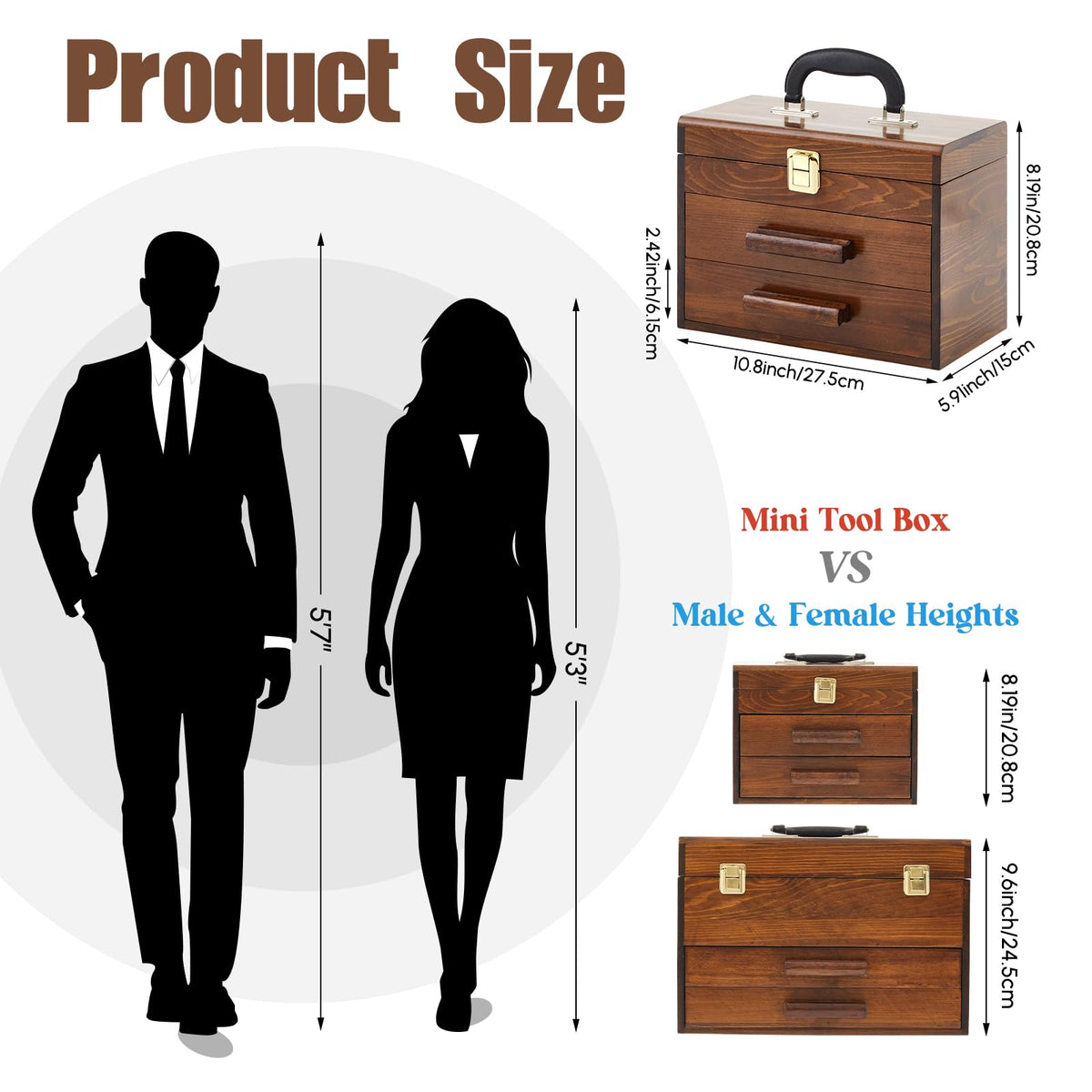 11 Inch Mini Wooden Tool Box with 2 Drawers and Top Storage, Portable Small Tool Chest with PVC Liners, Mini Tools StoraBox Organizer Makeup Boxs with Metal Latch Closure