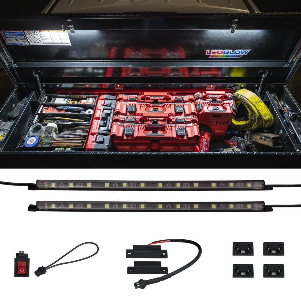2pc White Truck Tool Box LED Lighting Kit for Work & Utility Trucks | Universal Fitment 12" Tubes Install Inside Lid & Shine Down on Tools, Includes Magnetic Power Switch for Automatic On/Off