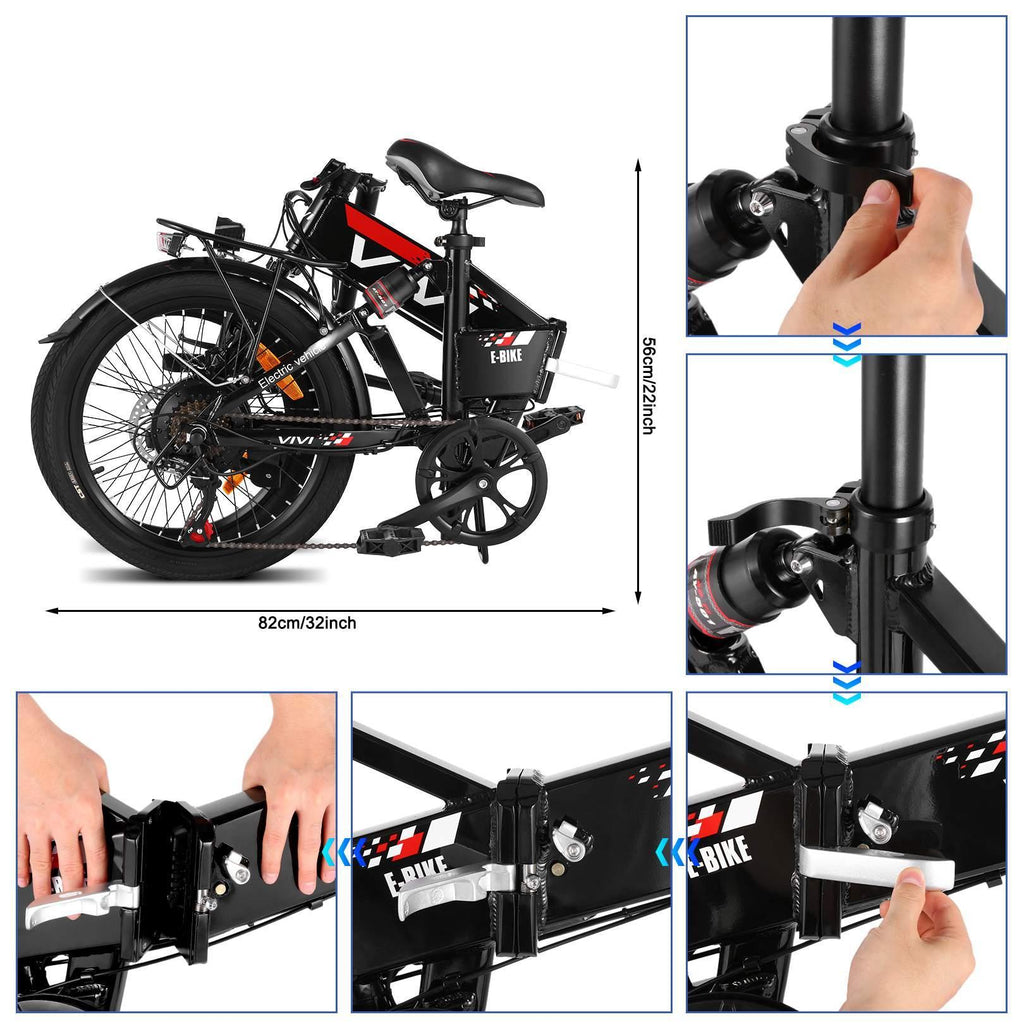 VIVI 350W 20inch Folding Electric Bikes, Urban 7 Speed Electric Commuter Bicycle, Ebike for Adults with 36V Removable 8Ah Lithium Battery, Rear Shock Absorber&amp;LEDHeadlight