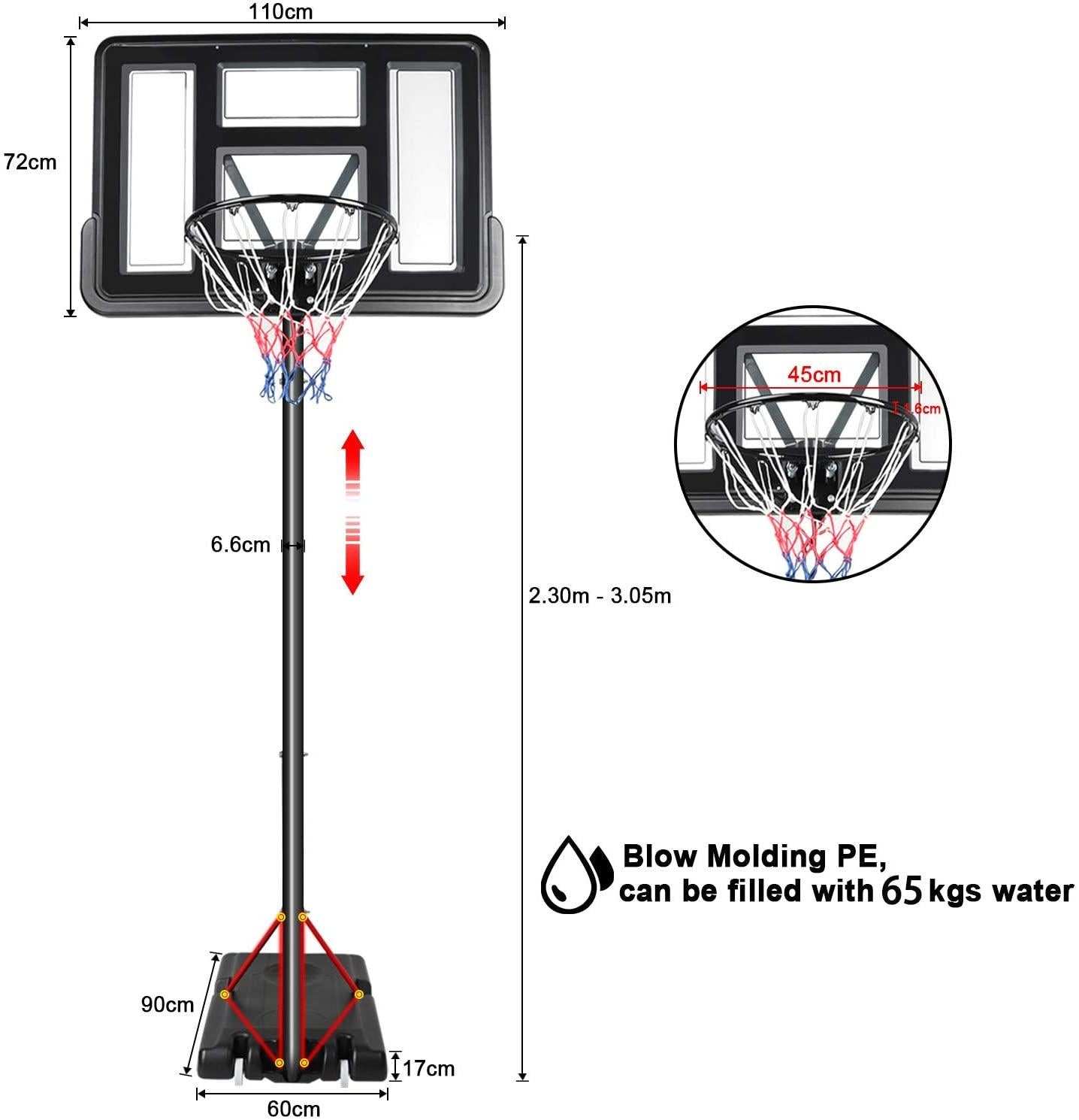 Portable 10ft Basketball Backboard Hoop &amp; Goal Net Set Professional Outdoor Basketball Stand Equipment with Wheels for Adults and Children,Adjustable High 2.3M-3.05M