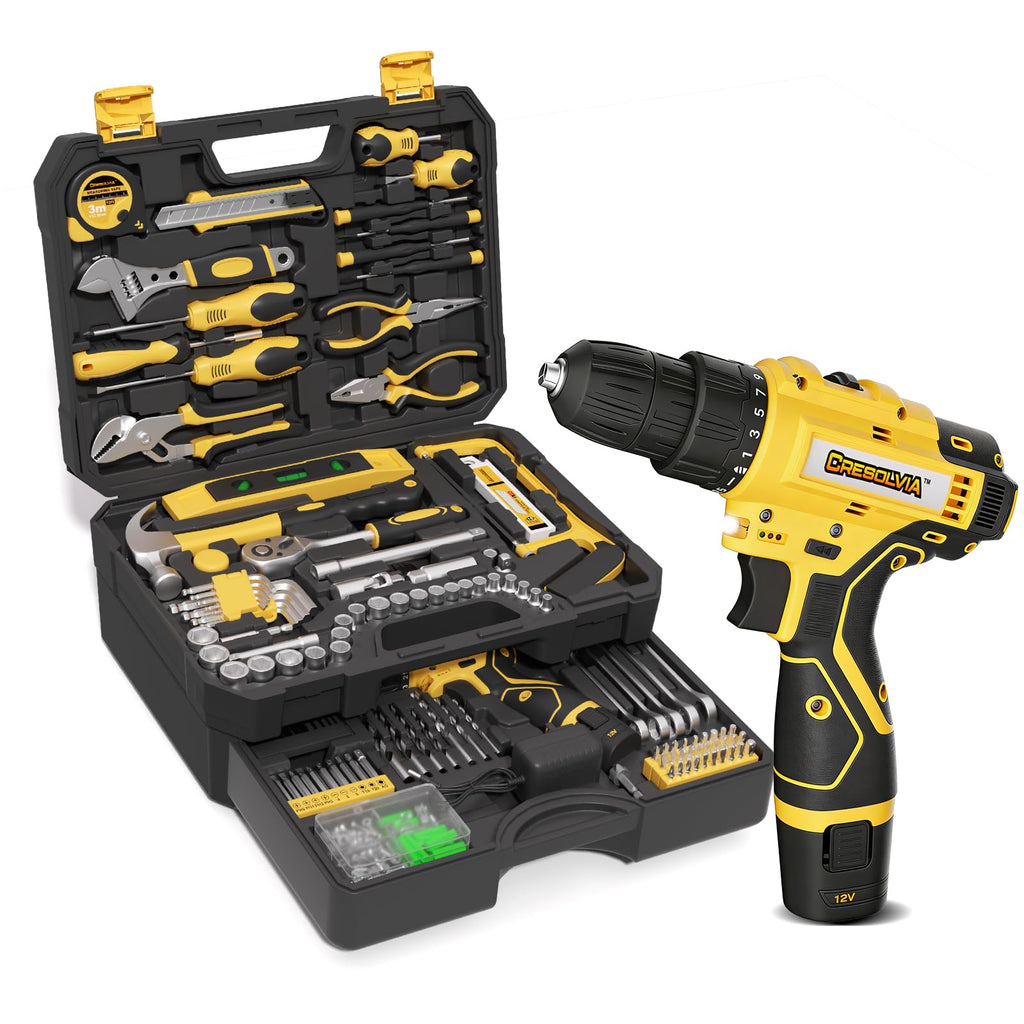 Tool Kit Box Drill Set with 12V Power Cordless Drill 299-Piece Tool Kit for Home Tool Set StoraCase with Drawer General Household Drill Set for Home Mechanics Repairs Men & Women, DIY