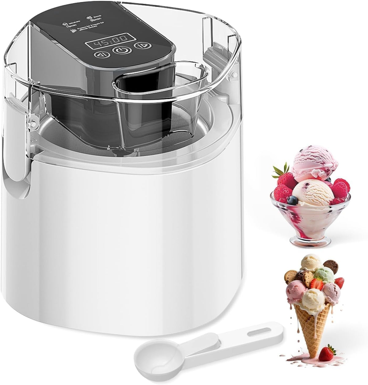 Ice Cream Maker, 1.5-Qt Ice Cream Machine and Frozen Yogurt Machine, 1.5-Qt Insulated Freezer Bowl, LCD Screen and Timer,  Results, Easy to Operate and Clean