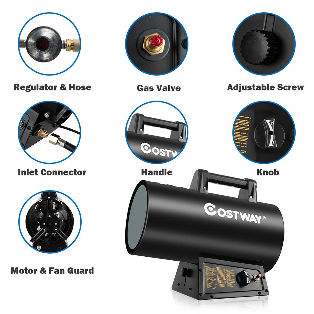 Costway 60000 BTU Portable Propane Forced Air Heater Overheat&amp;Cut-off Protection Outdoor