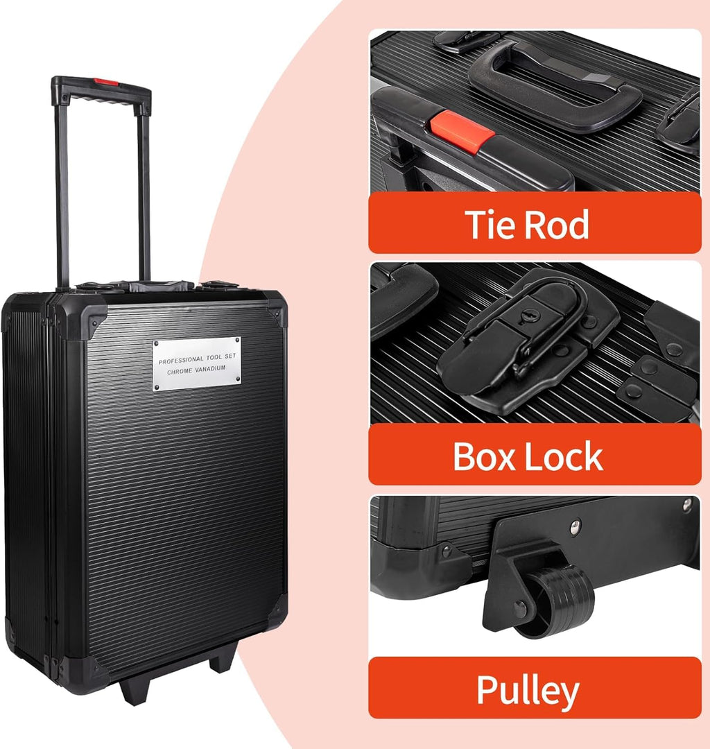 799pcs Aluminum Trolley Case Tool Set Silver, House Repair Kit Set, Household Hand Tool Set, with Tool Belt,Gift on Father's Day (Black)