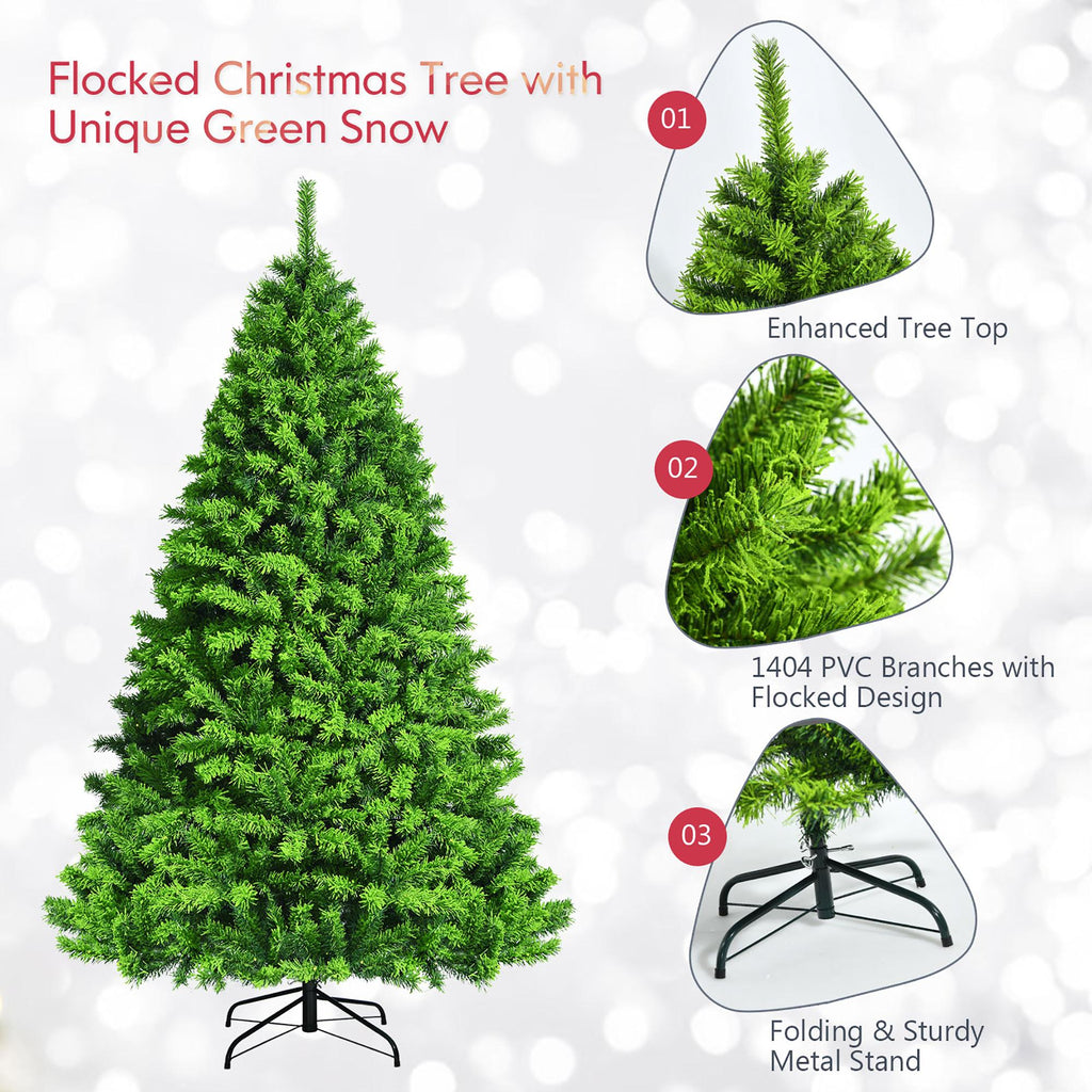 Costway 7.5ft Snow Flocked Hinged Artificial Christmas Tree w/ Metal Stand Green