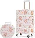 2 Piece  Luggage Set Women Cute Carry on Suitcase with Hat Box Cosmetic Case (pink floral, 20in+12in)