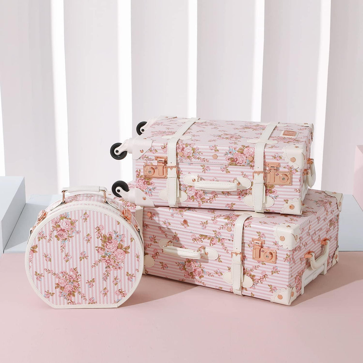 2 Piece  Luggage Set Women Cute Carry on Suitcase with Hat Box Cosmetic Case (pink floral, 20in+12in)