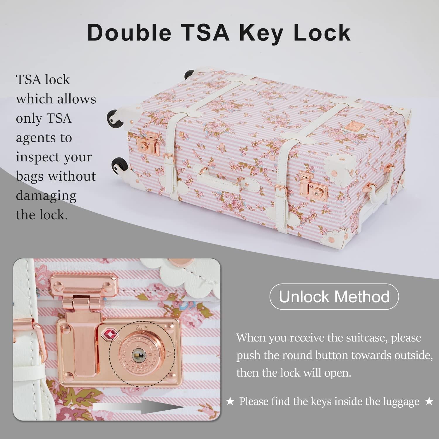 2 Piece  Luggage Set Women Cute Carry on Suitcase with Hat Box Cosmetic Case (pink floral, 20in+12in)