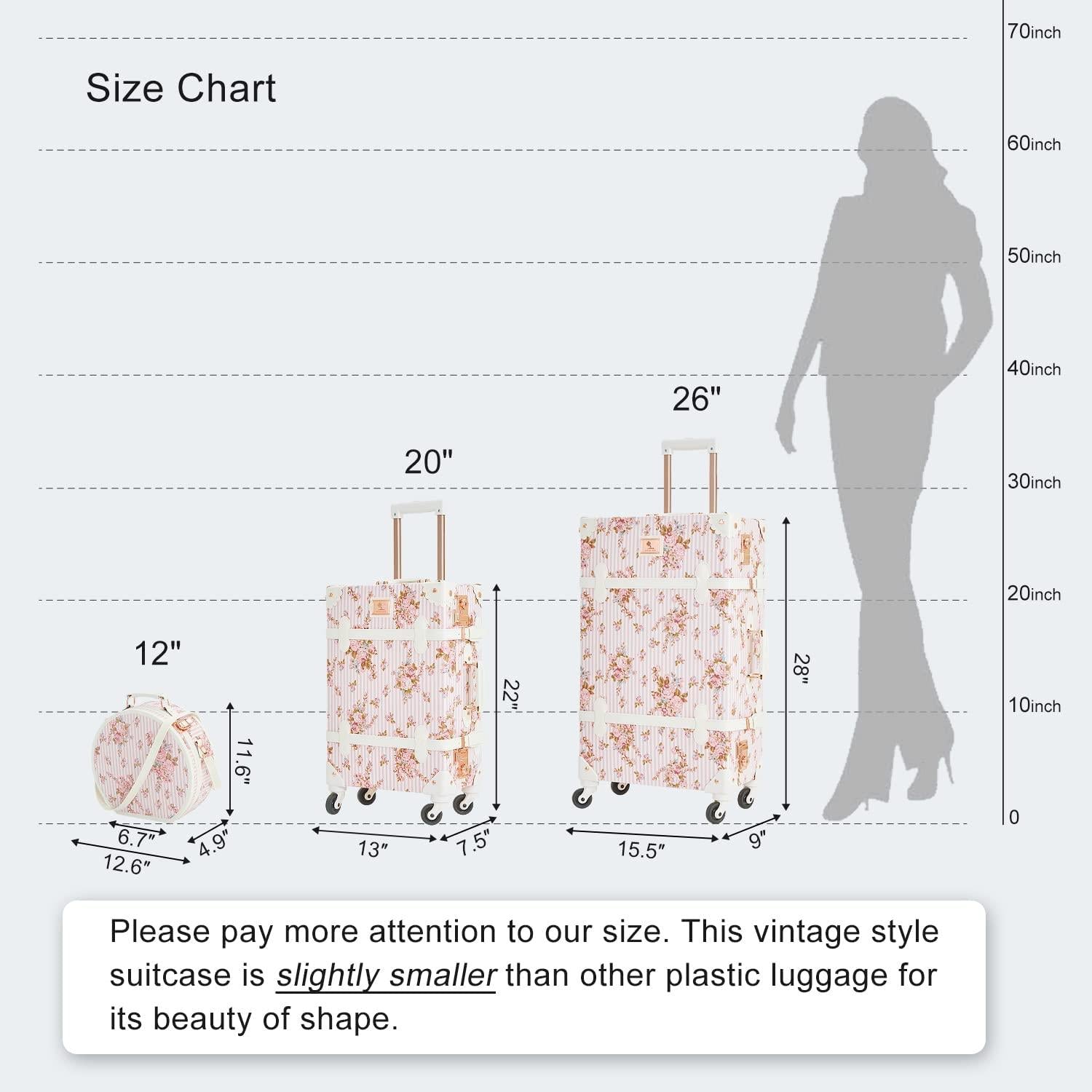 2 Piece  Luggage Set Women Cute Carry on Suitcase with Hat Box Cosmetic Case (pink floral, 20in+12in)