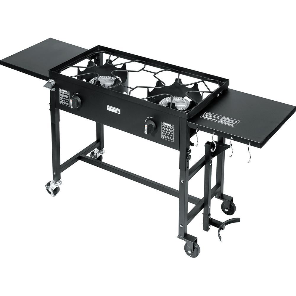 58,000 BTU Outdoor Camping Propane Double Burner Stove CooStation with Drop-Down Side Tables