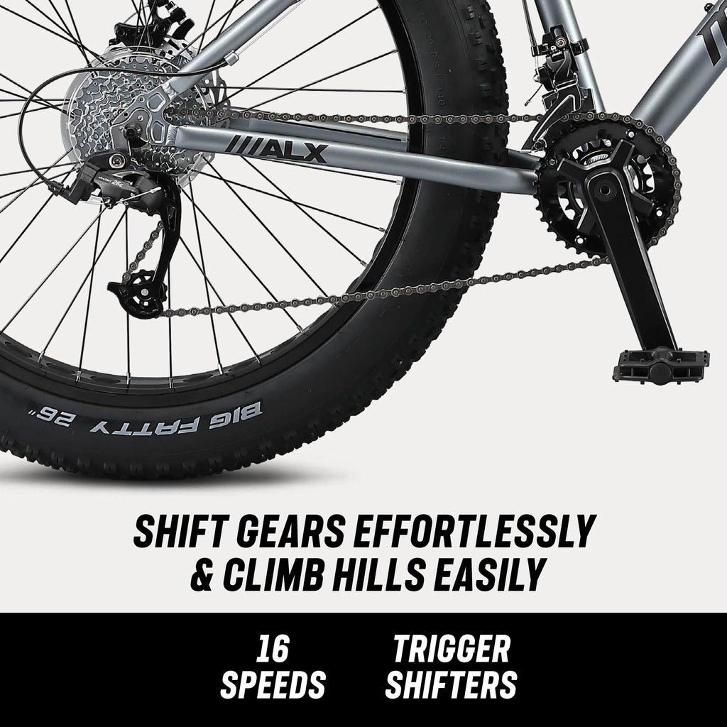 Mongoose Dolomite ALX fat tire mountain bike, 16 speeds, medium frame, grey