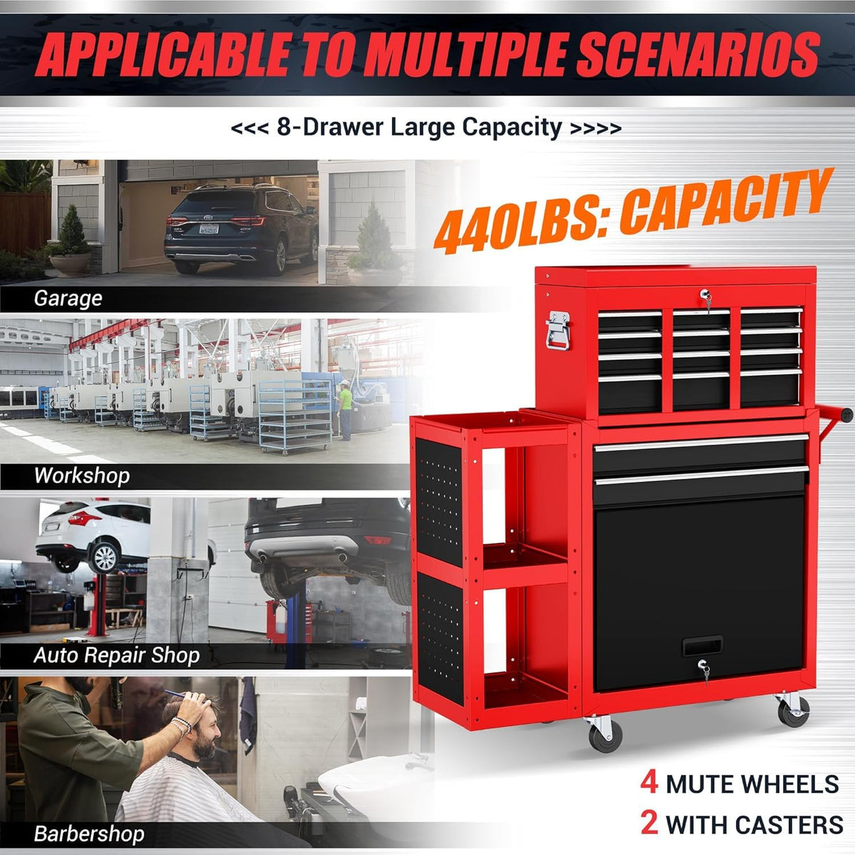 Heavy Duty 8 Drawer Rolling Tool Chest, 3-In-1 Modular Tool Box Set with Detachable 4-Tire Utility Cart, Lockable Workshop Tool Cabinet with Protective Liner, 35”W x 13”D x 43”H Industrial Warehouse