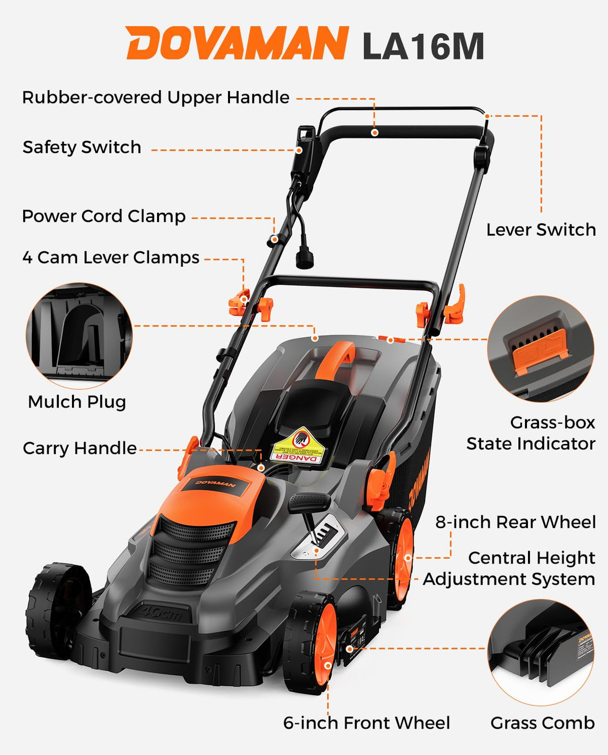 13Amp 16" Lawn Mower, 98% Collection, 13.2-Gallon Bag, 5-Position Height Adjustment, 3-Step  Vertical Fold Storage, 2-in-1 Mulching &amp; Bagging, Corded Lawn Mower for Your Garden