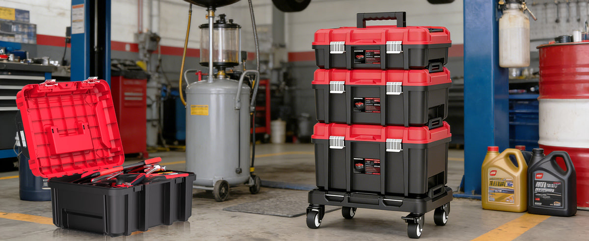 3-in-1 Rolling Tool Box with Wheels,Stackable Modular Tool Organizer System,17" Portable Waterproof Toolbox on Wheels for Garage,Mechanics and Home Repair (Red-Black)