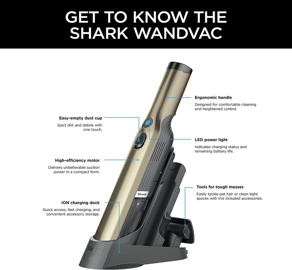 Shark WANDVAC Cordless Hand Vac Lightweight and Portable at 1.4 lbs. with Powerful Suction, Charging Dock, One-Touch Empty for Car &amp; Home, Gold