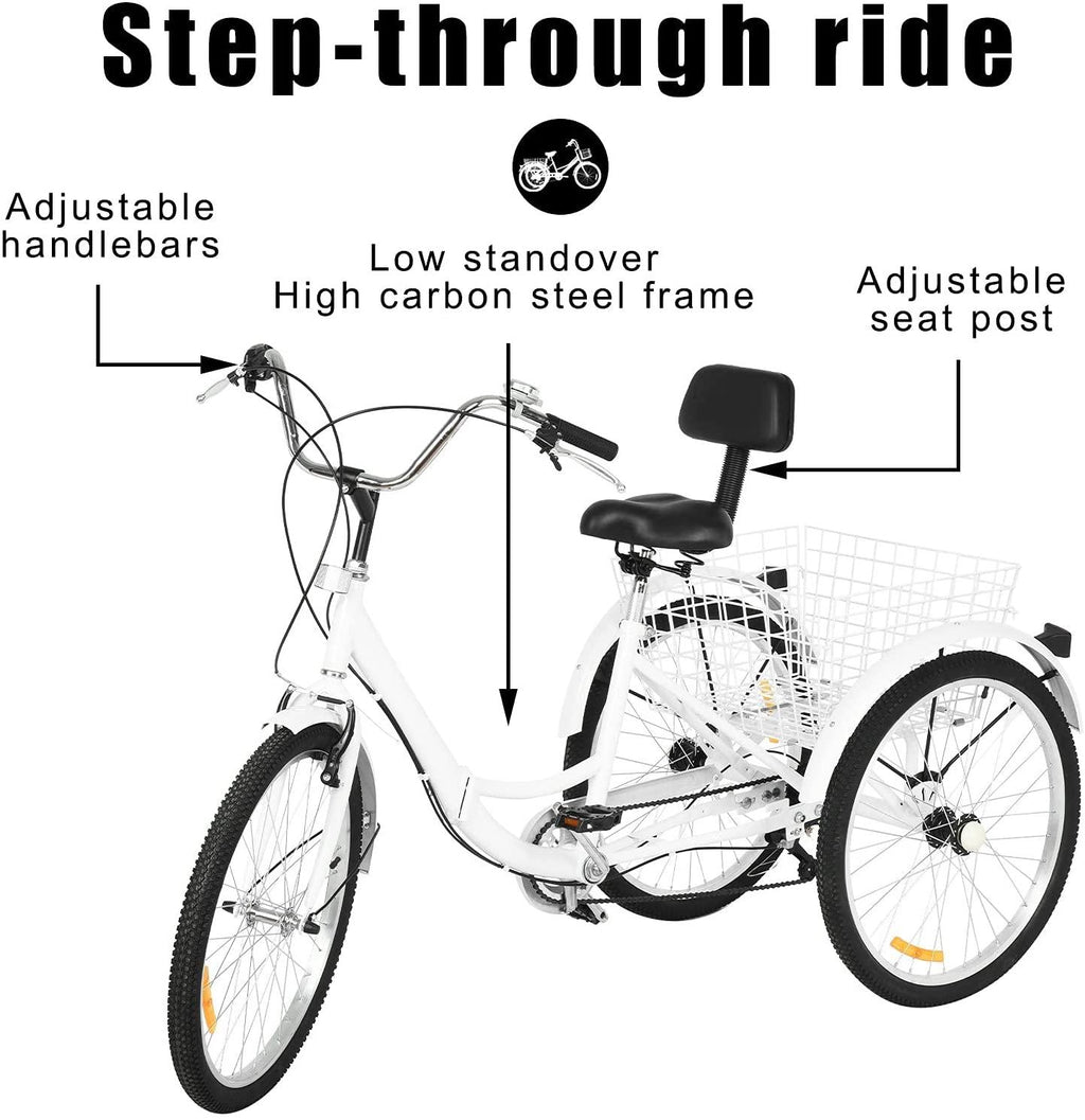 Adult Trike, Foldable Tricycle Cruiser Bike 26-in 3-Wheel 7 Speed with Cargo Basket and Installation Tools, for Recreation, Shopping, Picnics Exercise Men's Women's Bike
