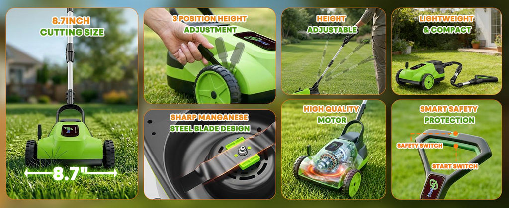Electric Small Lawn Mower with Auto Shut-Off Sensor, 3 Position Cutting Height, 9.9Lbs Lightweight Cordless Push Mower Battery Powered for Garden/Yard/Farm, Gardening Gifts for Parents, Seniors