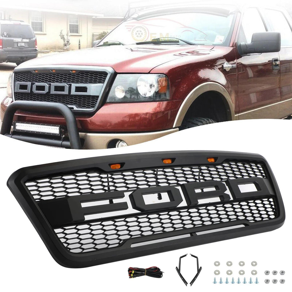 2004-2008 F150 Ford Black Raptor Style Black Front Mesh Hood Grill Grille Replacement With LED Generic