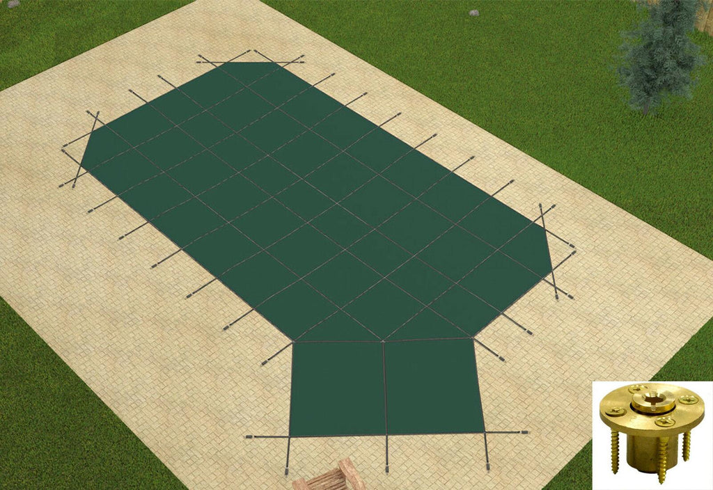 gli grecian mesh swimming pool safety cover w/ right offset step &amp; wood anchors