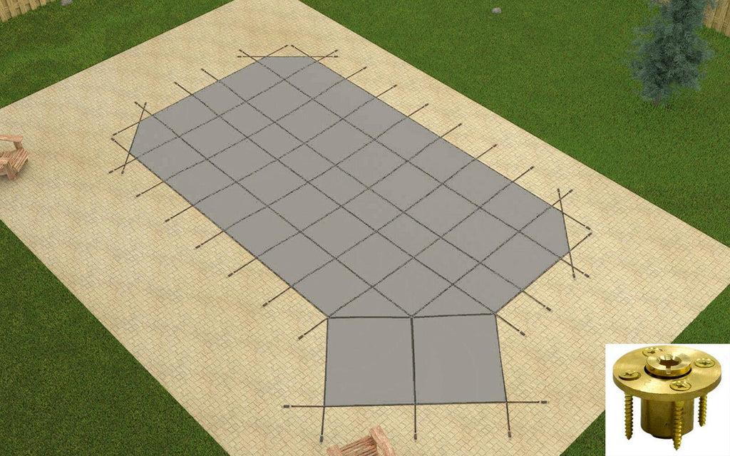 gli grecian mesh swimming pool safety cover w/ right offset step &amp; wood anchors