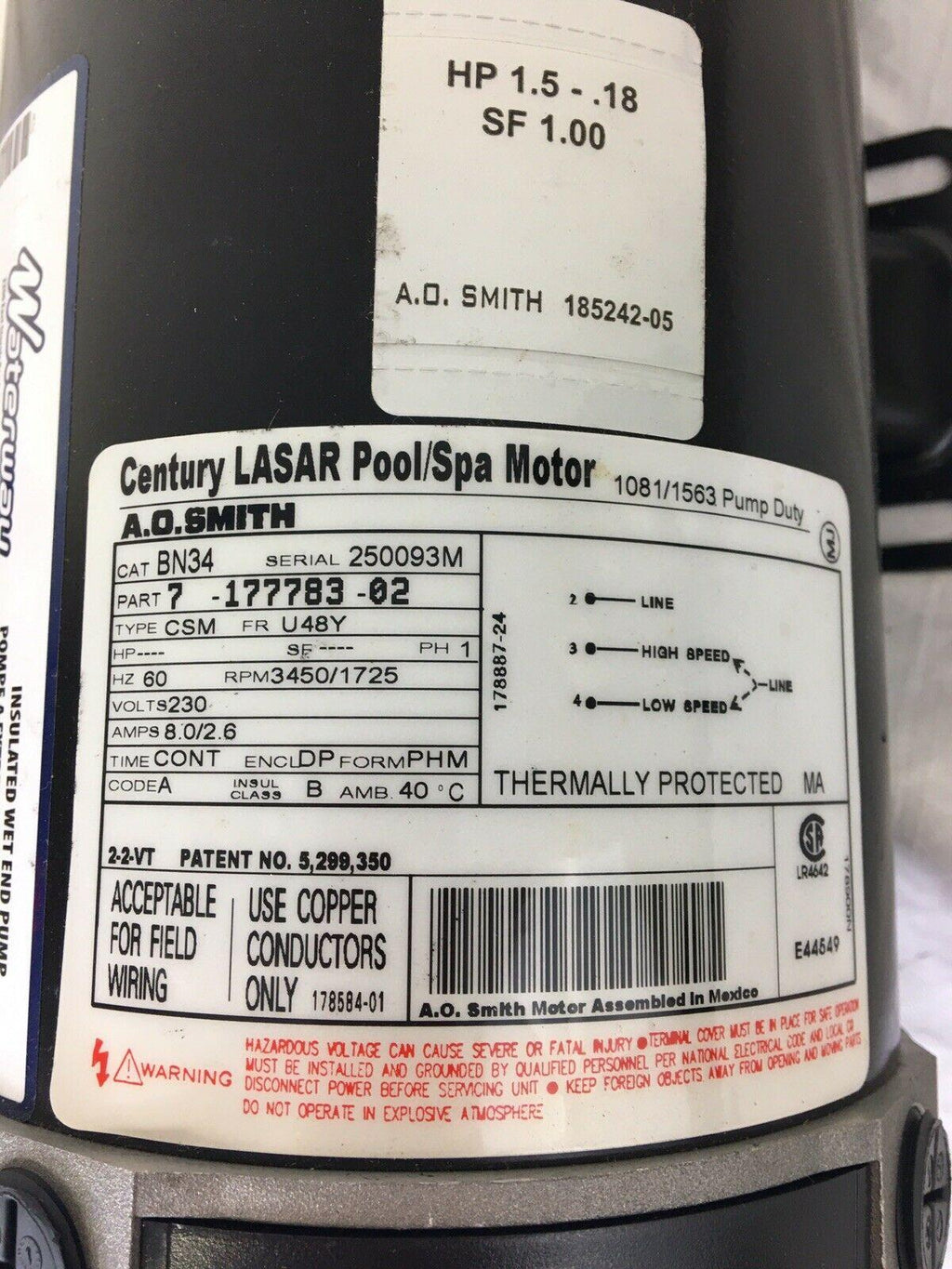 century waterway spa pump 1.5hp 230v 8.5/2.8a 2-speed 2 mbt sd 48f hot tub