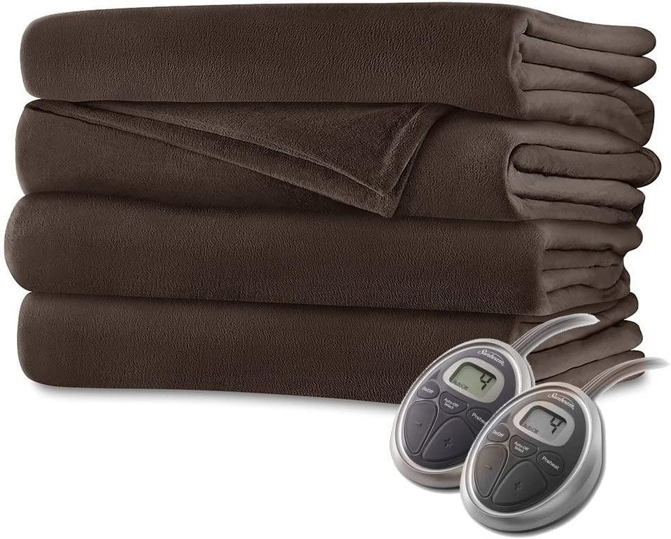 Sunbeam Velvet Plush Queen Heated Blanket with 20 Heat Settings  Auto-Off and 2-Digital Controllers - 5 Yr Warranty  Walnut Brown