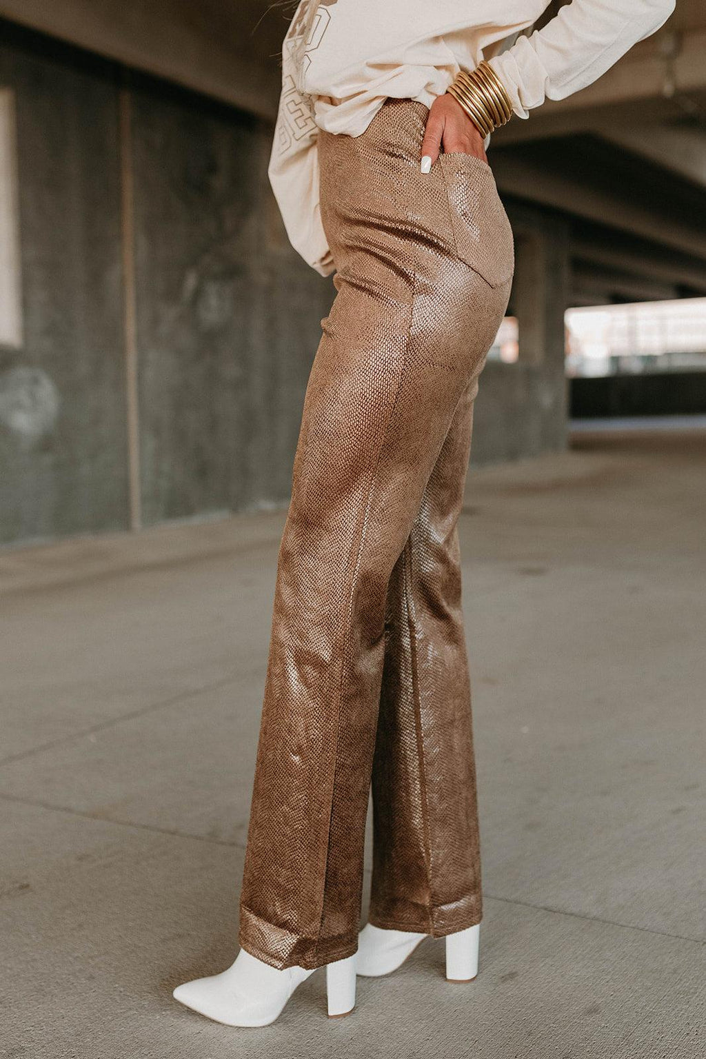 brown snake print flared pants