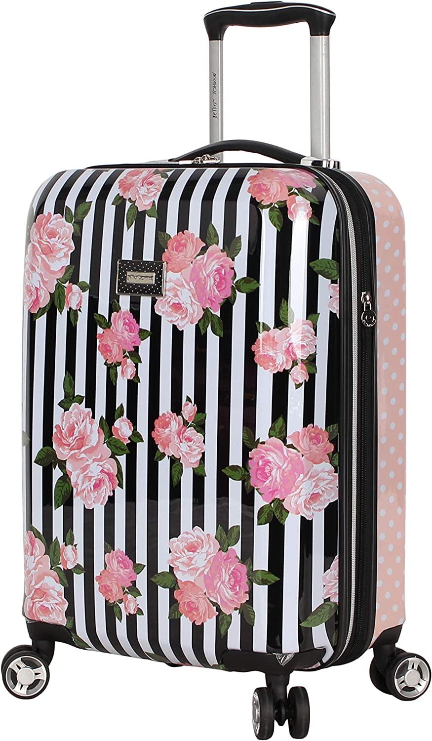 er 20 Inch Carry On - Expandable (ABS + PC) Hardside Luggage - Lightweight Durable Suitcase With 8-Rolling Spinner Wheels for Women (Stripe Roses)