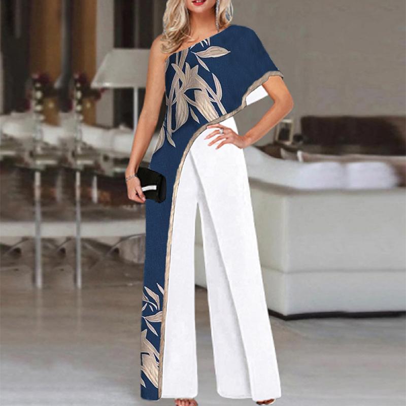 Fashion Leaf Print Off-shoulder Jumpsuit Women