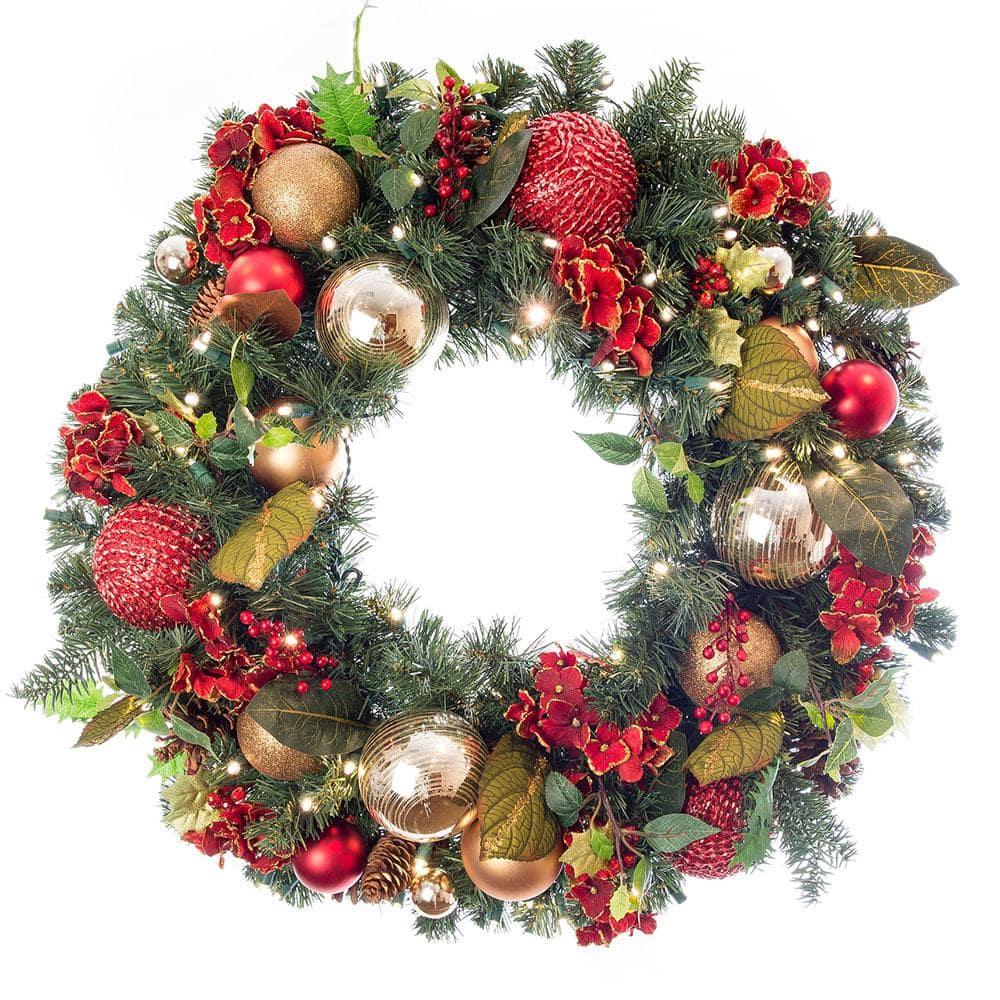 30 in. Artificial Pre-Lit LED Scarlet Hydrangea Wreath