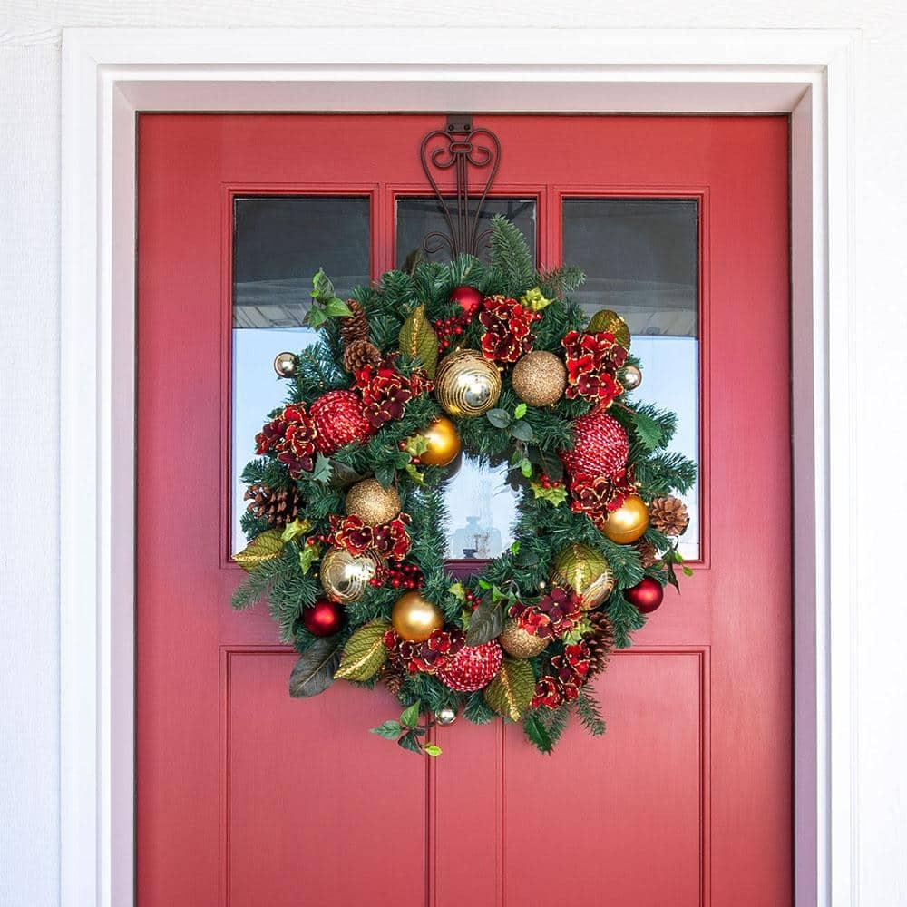 30 in. Artificial Pre-Lit LED Scarlet Hydrangea Wreath