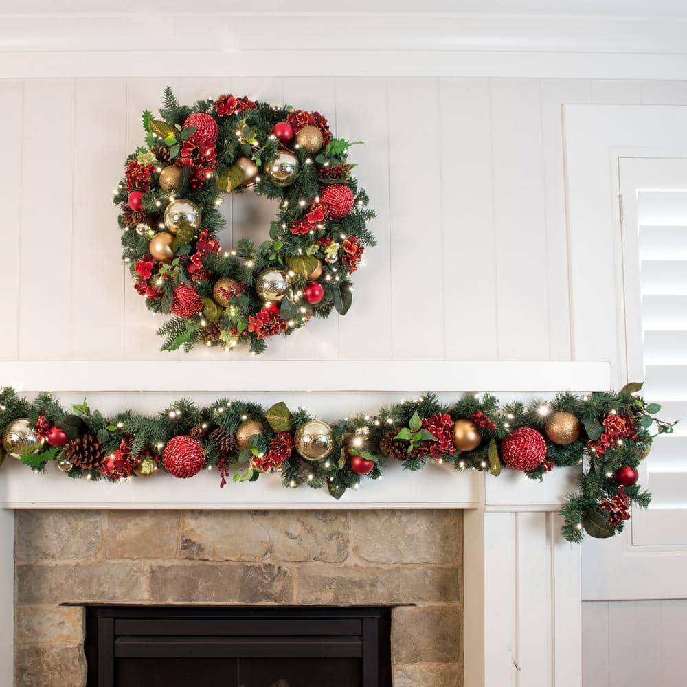 30 in. Artificial Pre-Lit LED Scarlet Hydrangea Wreath