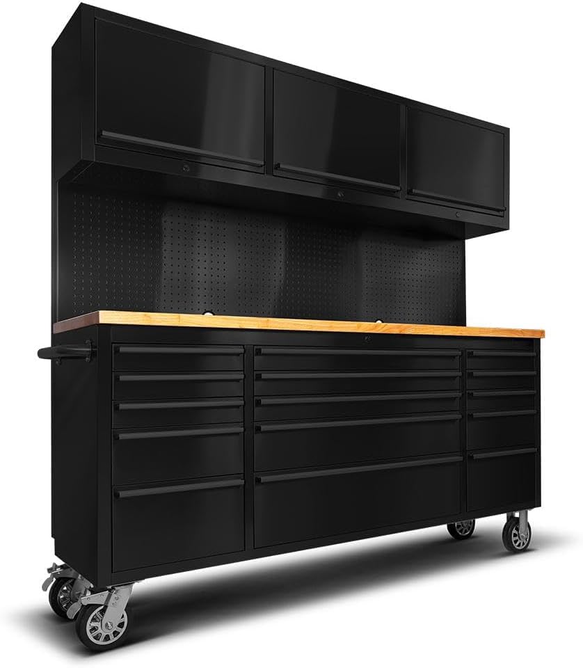 72'' Rolling Tool Chest with 15 Drawers + 3 Upper Cabinets, LarTool Box, Matte Black Mobile Workbench, Lockable StoraCabinet with Wheels for GaraWorkshop (1 × HTC7218PC)