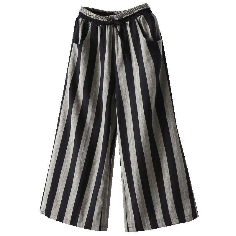 casual retro cotton linen stripe wide-leg pants