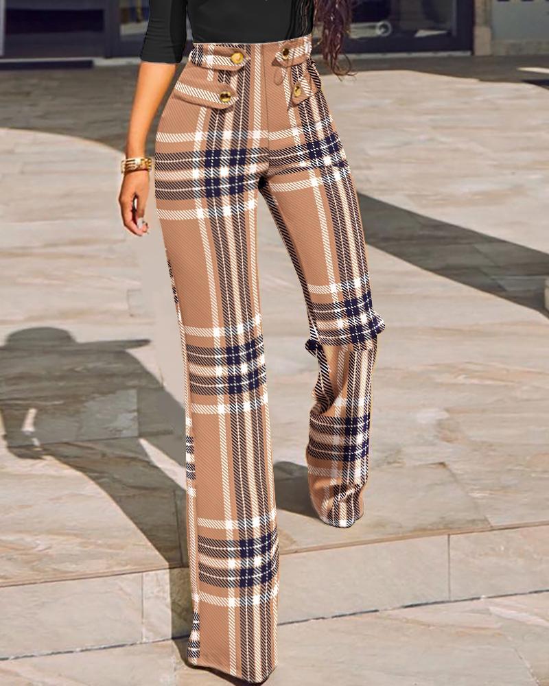 plaid print buttoned high waist straight leg tailored pants