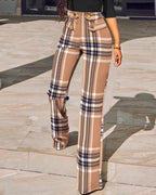 plaid print buttoned high waist straight leg tailored pants