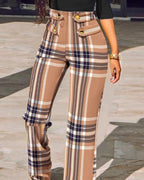 plaid print buttoned high waist straight leg tailored pants