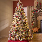 Hykolity 7.5 ft Snow Flocked Artificial Christmas Tree with Pine Cones, 1446 Tips, Metal Stand and Hinged Branches