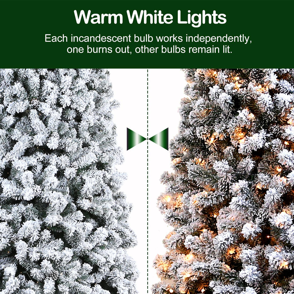 Hykolity 7.5ft Pre-Lit Snow Flocked Branches Artificial Christmas Tree With Pine Cones,1400 Tips,500 Incandescent/Warm White Lights,Foldable Metal Base