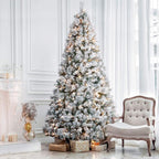 Hykolity 7.5 ft Snow Flocked Artificial Christmas Tree with Pine Cones, 1446 Tips, Metal Stand and Hinged Branches