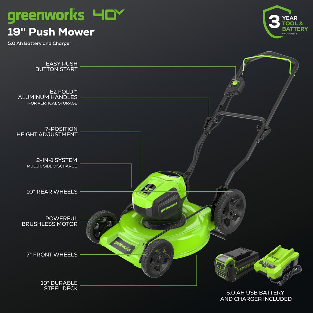 40V 19" Brushless Lawn Mower (High Wheel), 5.0Ah Battery