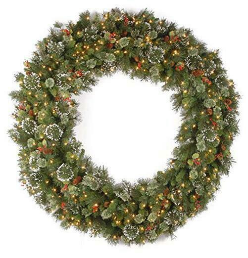 Pre-Lit Artificial Christmas Green, Wintry Pine, White Lights, 60 in Wreath