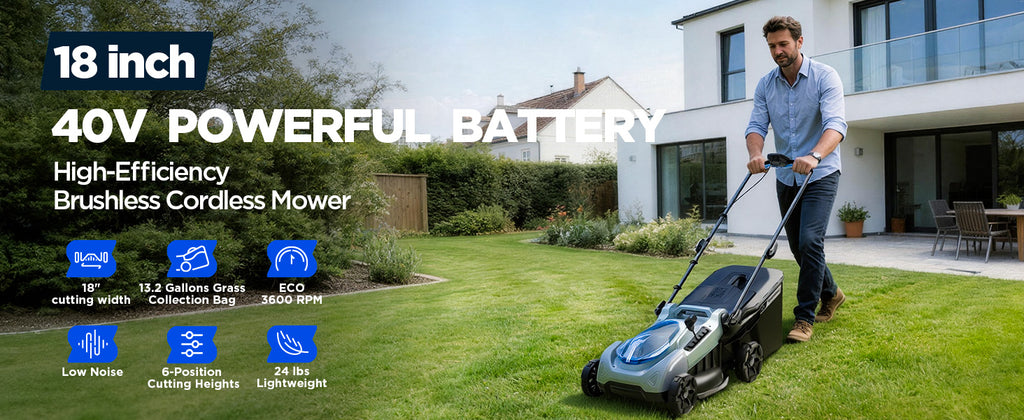 18-Inch Electric Lawn Mower, 40V Brushless Cordless Push Mower with 4.0Ah Battery &amp; Charger, 2-in-1 Mulching/Bagging, 6-Position Height for Small to Medium Yards
