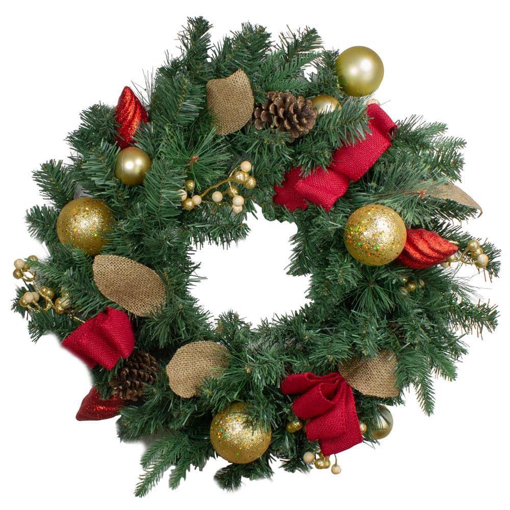 24 in. Pre-Decorated Red and Gold Unlit Ornaments Artificial Christmas Wreath