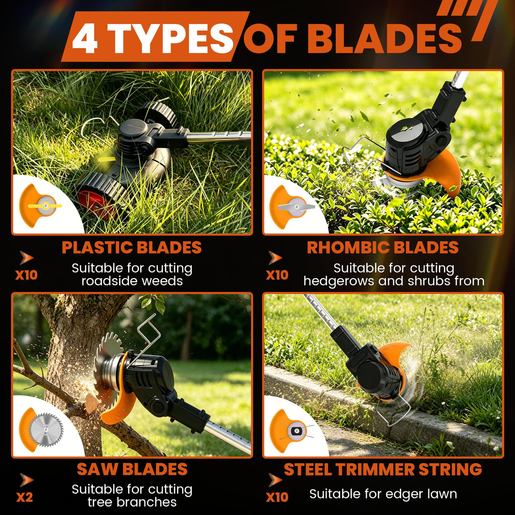 Electric Weed Wacker Cordless Battery Powered Weed Eater, String Trimmer with 2 Battery Operated&amp;Wheels&amp;Metal Blades, Lightweight 4 in 1 Grass Trimmer/Brush Cutter/Lawn Edger/Mower for Garden Yard