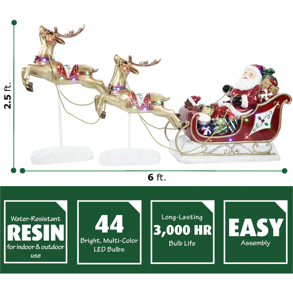 Fraser Hill Farm Indoor/Outdoor Oversized Christmas Decor with Long-Lasting LED Lights, Santa Sleigh and Flying Reindeer 3-Piece Set